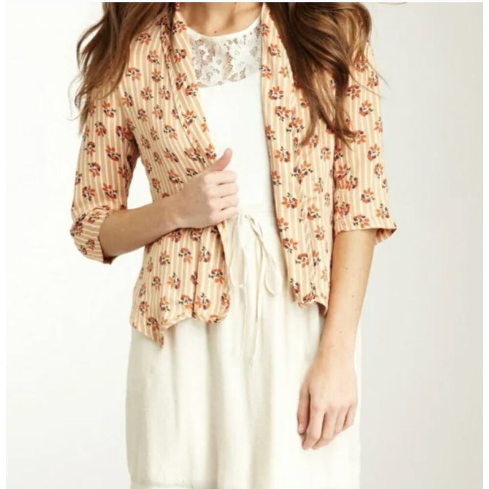 Tulle Floral Stripe Pinstripe Lightweight Open Blazer Jacket Cardigan XS